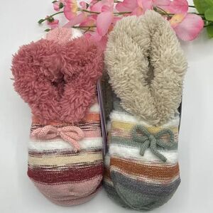 Women's Knit Fuzzy Faux Fur Printed Slipper Socks 2-Pack Shoe Size 4-10